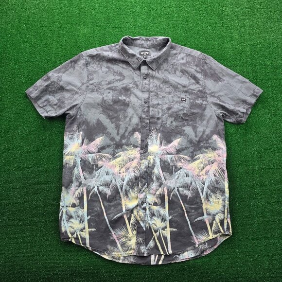 Billabong Shirt Mens XL Gray Button Up Short Sleeve Summer Tropical Palm Trees - Picture 1 of 10
